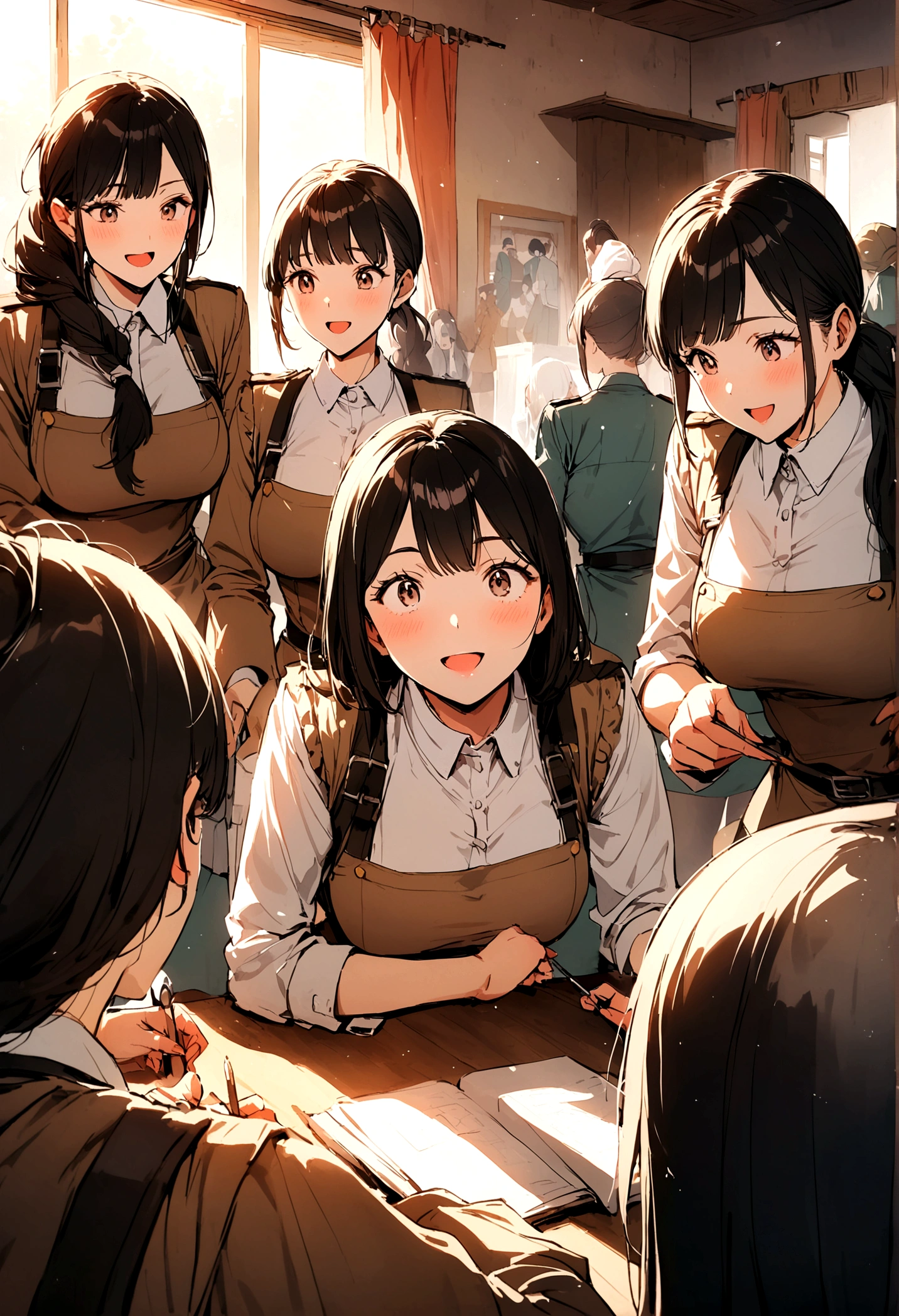Leader man and his five female military ranch employees working