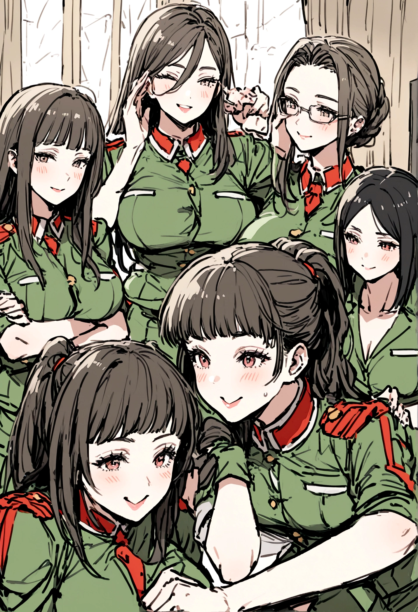 Leader man and his five female military ranch employees working 