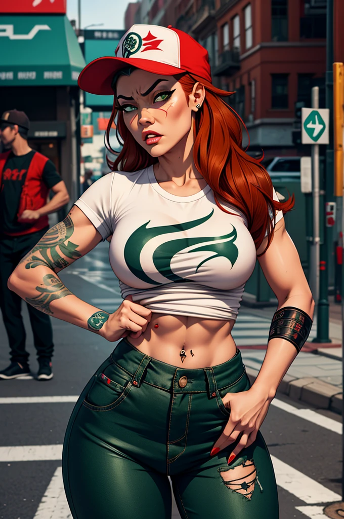 1 female, fierce gangster, asian, pistol tucked in pants, cute slanty eyes, full sleeve geisha tattoos on right arm, teardrop tattoo in cheek, hip hop clothes, oversized white t-shirt, hourglass figure, on the street corner, light brown hair, green pupils, angry, red hair, baseball cap, best quality.