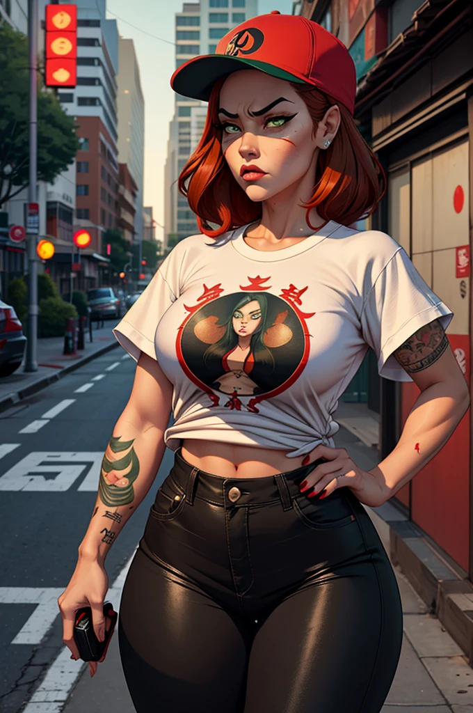 1 female, fierce gangster, asian, pistol tucked in pants, cute slanty eyes, full sleeve geisha tattoos on right arm, teardrop tattoo in cheek, hip hop clothes, oversized white t-shirt, hourglass figure, on the street corner, light brown hair, green pupils, angry, red hair, baseball cap, best quality.