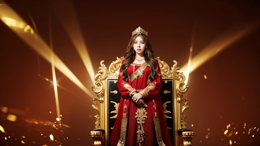 Kpop concept pictures. Red and gold lights background. Girl with brown wavy hair posing with gold crown on a throne