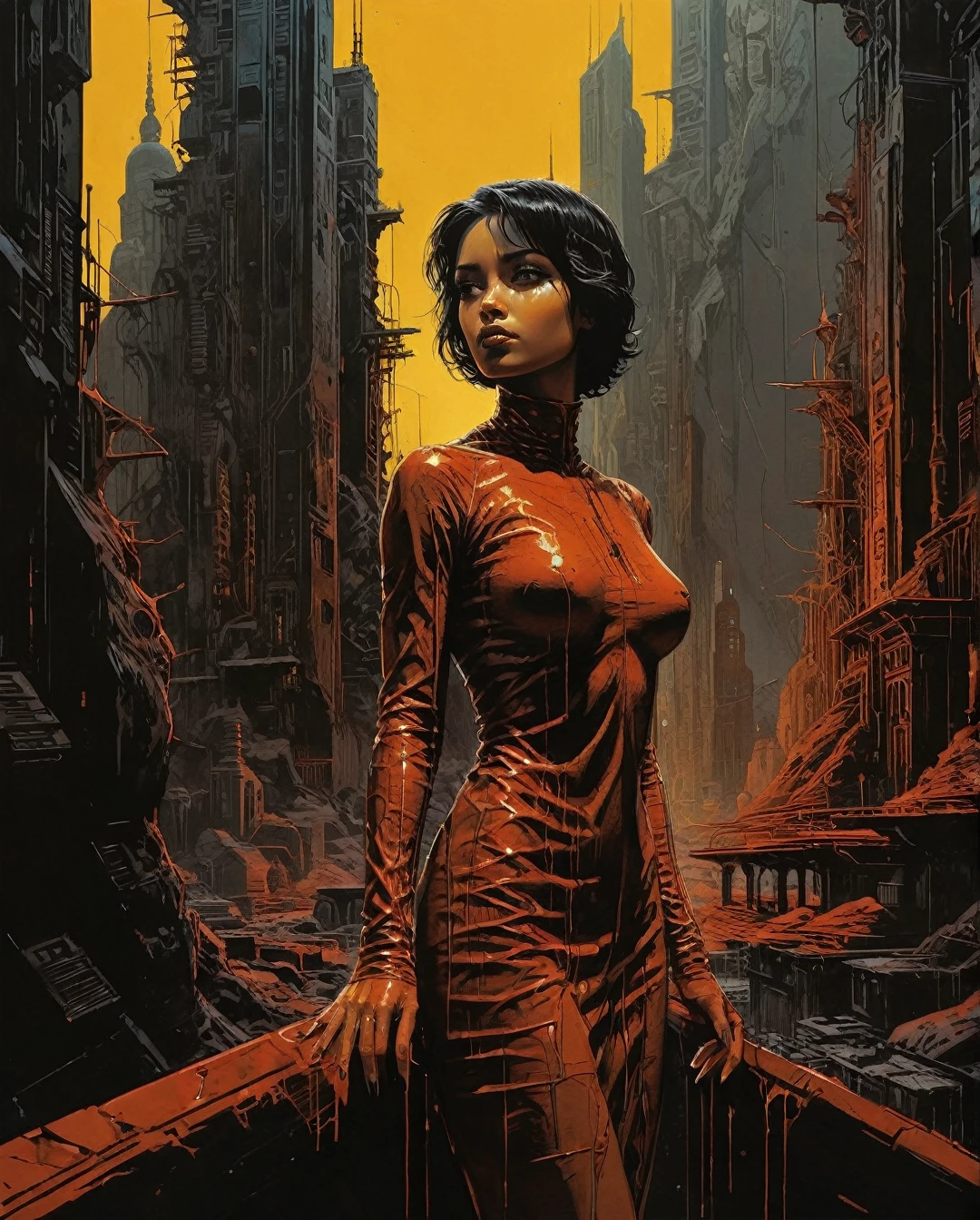 In the futuristic Saudi Arabian Metropolis, a strikingly unique woman with black short hair, brown eyes, and light brown tan skin stands out against the shiny chromed cityscape. Painted in the art style of Syd Mead, the image is a detailed and vibrant digital painting. The woman's features are beautifully illustrated with intricate details, capturing her mysterious allure. The cityscape behind her is depicted with a stunning blend of futuristic elements and traditional Saudi Arabian architecture, adding depth and realism to the scene. Overall, the image is a high-quality, visually captivating masterpiece that seamlessly combines modernity with cultural richness....., maximalist art, by Moebius and Hariton Pushwagner, (ambient occlusion, masterful, beautiful), poster art, bold lines, hyper detailed, expressive, award winning, (landscape:1.4), (intricate details, masterpiece, best quality:1.4), looking at viewer, dynamic pose, wide angle view, in the style of nicola samori , futuristic style, sleek, ultra modern, high tech, ornate by Moebius and by Marc Simonetti, clean lines, geometric shapes, Minimalist color scheme of red and cyan
mkitdecy, rust, cracks brutalism, style by Tom Jung and Drew Struzan and Tim and Greg Hildebrandt, ((style by artgerm and Greg Manchess and Ilya Kuvshinov))