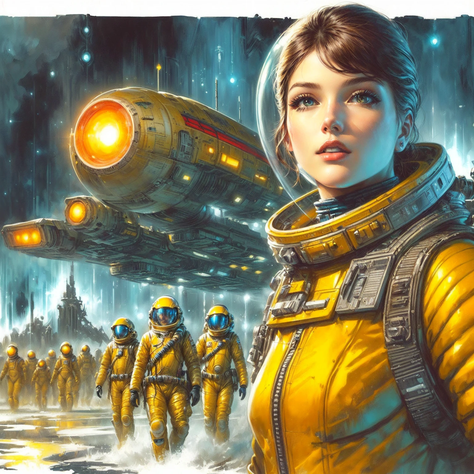 a woman in a spacesuit with a gun in front of a planet, Stil von Jim Burns, Retro-Science-Fiction-Kunst, cyborg goddess in cosmos, Greg Beeple, Vintage Science-Fiction-Kunst, 7 0 s Sci-Fi-Kunst, Frank Kelly Freas, 1 9 8 0 s Retro-Science-Fiction-Kunst