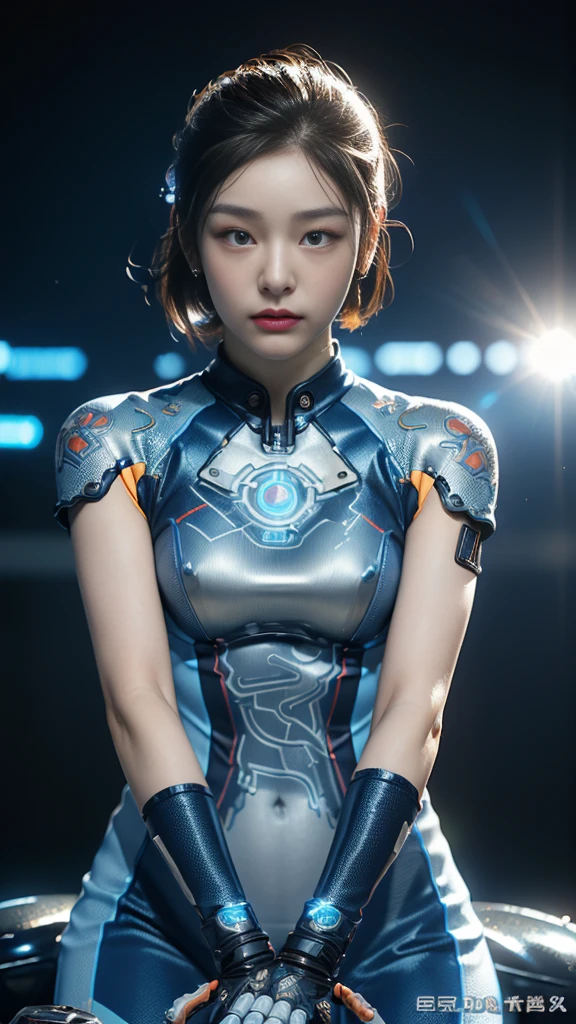 (((A woman with a mechanized body))), dynamic podium: 1.3), (realistic:1.5), (realistic:1.4), 8k, Super detailed beautiful girl, 1 girl, (a sunny day:1.5), intricate body details, (short: 1.3), (highest quality: 1.0), (Super high sharpness: 1.0), (thin hair:1.4),(Beautiful and delicate depiction of eyes),((((ride a motorcycle)))),unreal engine:1.4,photorealistic:1.4, skin texture:1.4, masterpiece:1.8,highest quality at best,(Wearing the communication headset、future city、((cybernetics))、Blue Wear、Metal fingers、long limbs、((joints are gears))