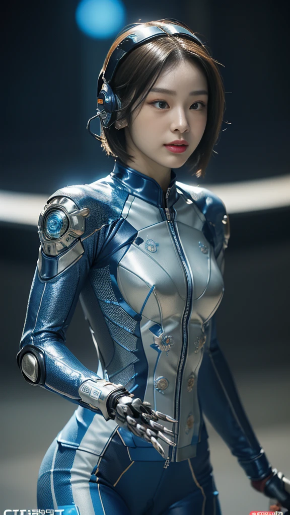 (((A woman with a mechanized body))), dynamic podium: 1.3), (realistic:1.5), (realistic:1.4), 8k, Super detailed beautiful girl, 1 girl, (a sunny day:1.5), intricate body details, (short: 1.3), (highest quality: 1.0), (Super high sharpness: 1.0), (thin hair:1.4),（Beautiful and delicate depiction of eyes）,((((ride a motorcycle)))),unreal engine:1.4,photorealistic:1.4, skin texture:1.4, masterpiece:1.8,highest quality at best,(Wearing the communication headset、future city、((cybernetics))、Blue Wear、Metal fingers、long limbs、((joints are gears))