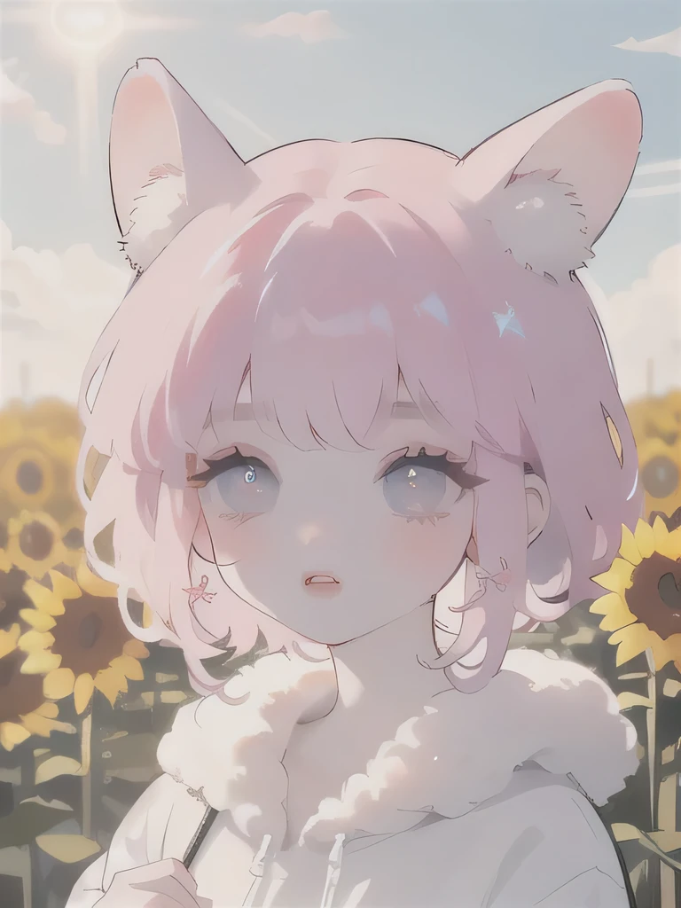 (High quality) (best quality) (A woman) (correct physiognomy) (perfect pupils) (perfect eyes) woman, deep pink hair, long and fluffy, two bunny ears coming out of her head, eyes of  color blue, sensitive lips, feminine appearance, soft facial features, thin eyebrows, soft skin, rosy cheeks, rosy lips, silky eyelashes, dreamy expression, middle age, youthful clothing, sweatshirt with print of sheep, photo illuminated by sunlight, woman in a field of sunflowers