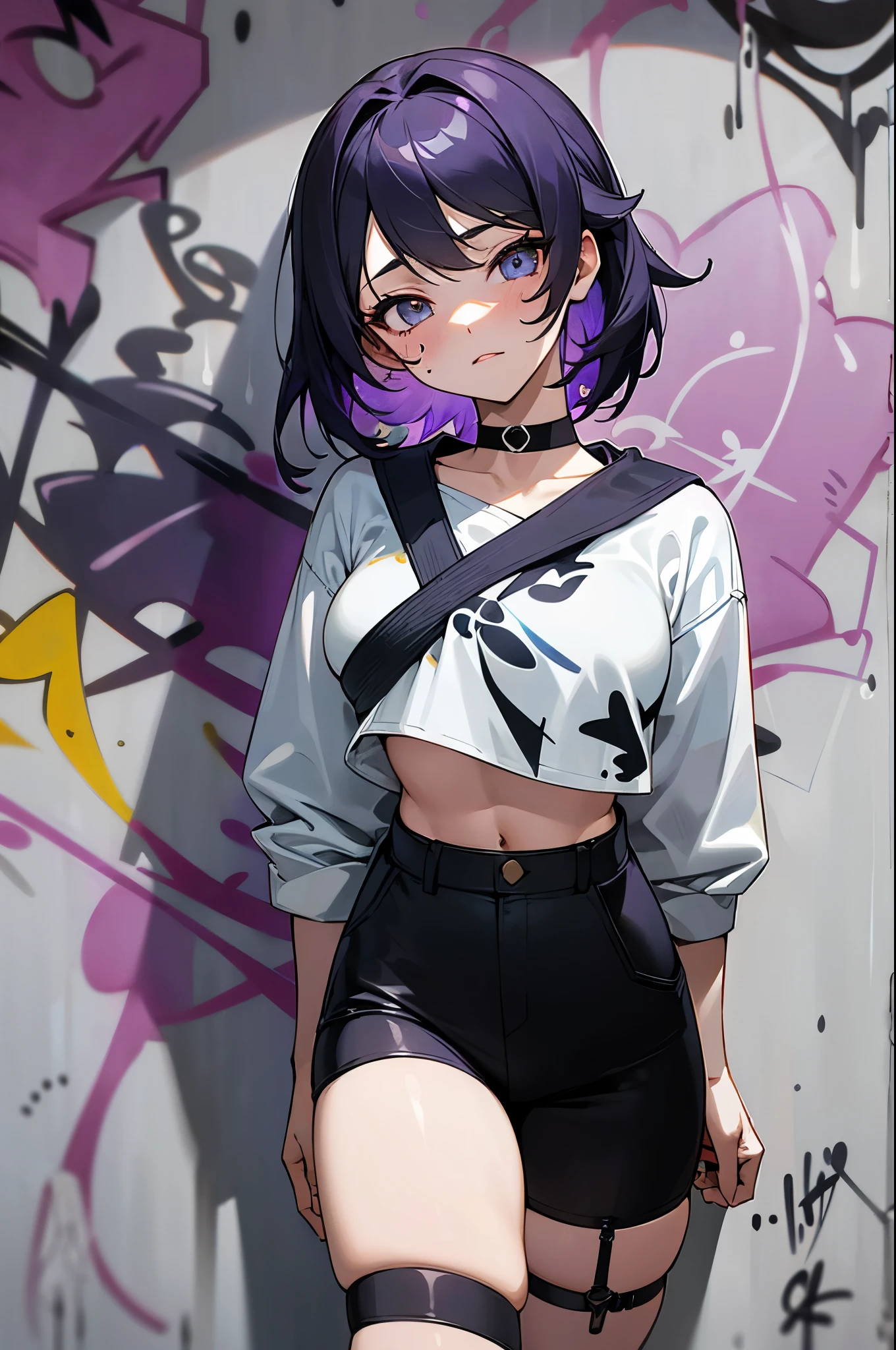 Kujou Sara Genshin Effect, masterpiece, bestquality, 1girls, oversized breasts, bara, crop top, choker, (Graffiti:1.5), Splash with purple lightning pattern., arm behind back, against wall, View viewers from the front., Thigh strap, Head tilt, bored, water eyes,