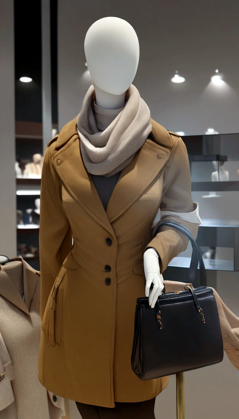 araffe mannequin dressed in a tan coat and scarf holding a black purse, light brown coat, on a mannequin. high qualiy, on a mannequin. high resolution, light brown above all, woman is in a above all, brown jacket, jacket over the bare torso, brown clothes, short coat, wearing hunter coat, above all, mannequin