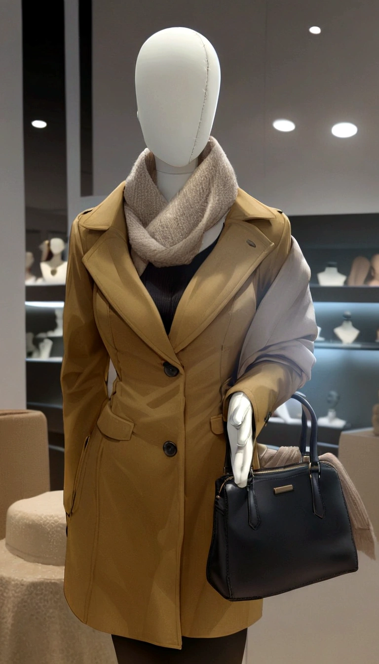 araffe mannequin dressed in a tan coat and scarf holding a black purse, light brown coat, on a mannequin. high qualiy, on a mannequin. high resolution, light brown above all, woman is in a above all, brown jacket, jacket over the bare torso, brown clothes, short coat, wearing hunter coat, above all, mannequin