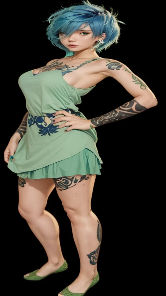 A fair-skinned girl with short blue-colored hair, wearing a short green dress and tattoos on her body