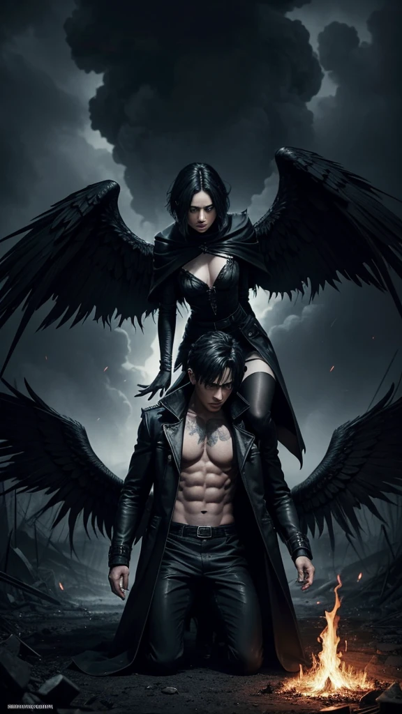 Dark Book Cover:

Create A male character who is a fallen angel dominates the scene, its immense black wings contrasting with its pale skin. Her short black hair falls wildly over her face., partially hiding your dark eyes. He is kneeling, with one knee touching the rough ground, wrapped in a long black overcoat that flaps in the wind. Behind him, a flaming portal to hell emerges. The atmosphere is filled with despair and mystery, capturing the essence of a world lost between redemption and damnation.