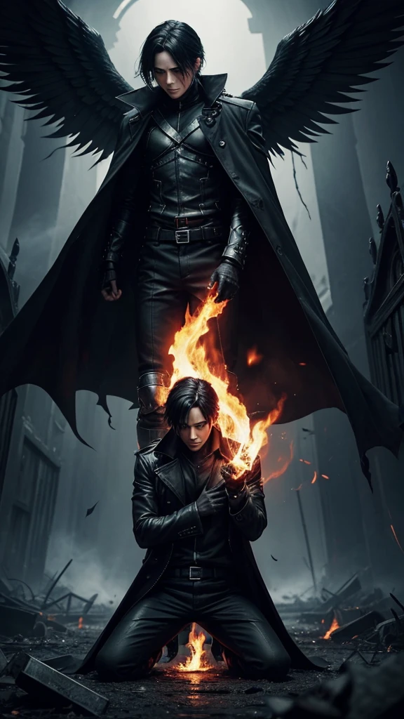 Dark Book Cover:
Create A male character who is a fallen angel dominates the scene, its immense black wings contrasting with its pale skin. Her short black hair falls wildly over her face., partially hiding your dark eyes. He is kneeling, with one knee touching the rough ground, wrapped in a long black overcoat that flaps in the wind. Behind him, a flaming portal to hell emerges. The atmosphere is filled with despair and mystery, capturing the essence of a world lost between redemption and damnation.