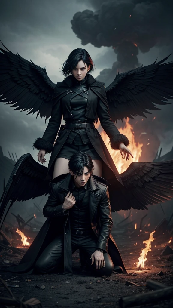 Dark Book Cover:

Create A male character who is a fallen angel dominates the scene, its immense black wings contrasting with its pale skin. Her short black hair falls wildly over her face., partially hiding your dark eyes. He is kneeling, with one knee touching the rough ground, wrapped in a long black overcoat that flaps in the wind. Behind him, a flaming portal to hell emerges. The atmosphere is filled with despair and mystery, capturing the essence of a world lost between redemption and damnation.