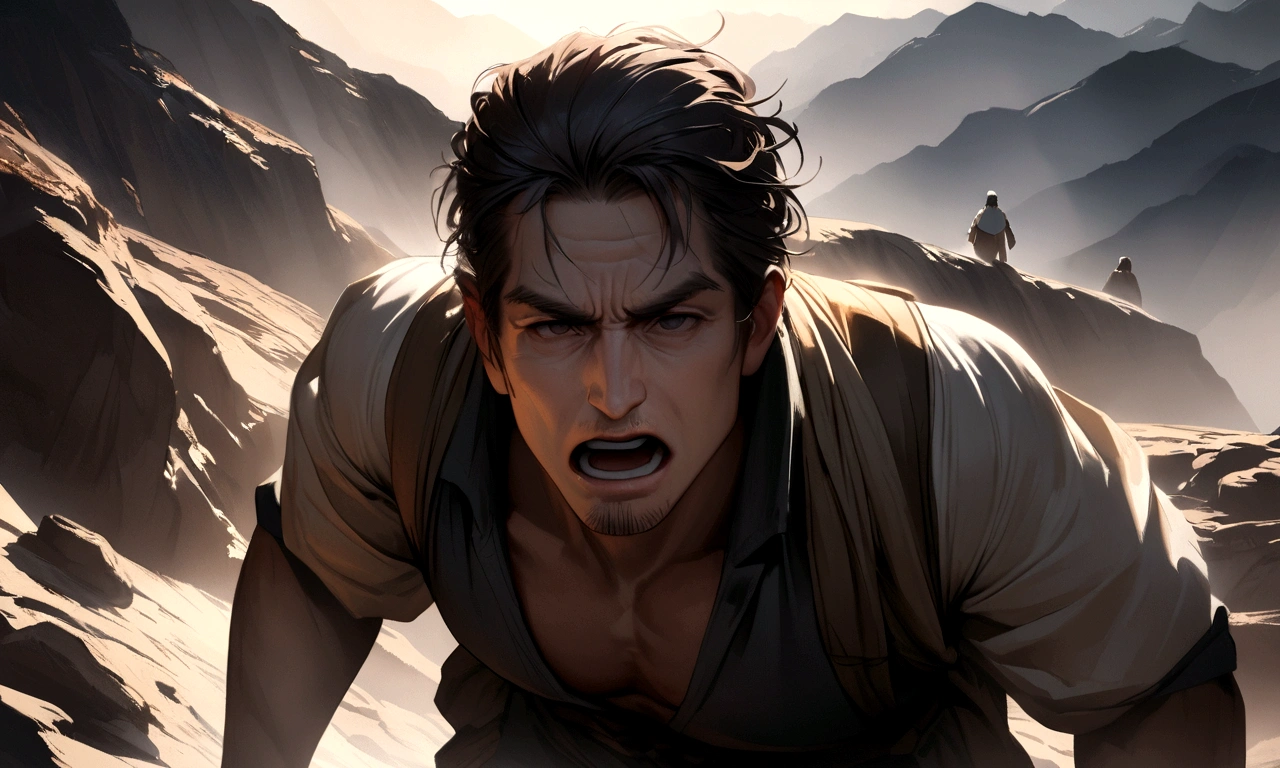 A hyper-realistic scene of Abraham and Isaac climbing a rugged mountain path. The atmosphere is dramatic, emphasizing the test of faith and their determined expressions. The faces of the characters must be visible