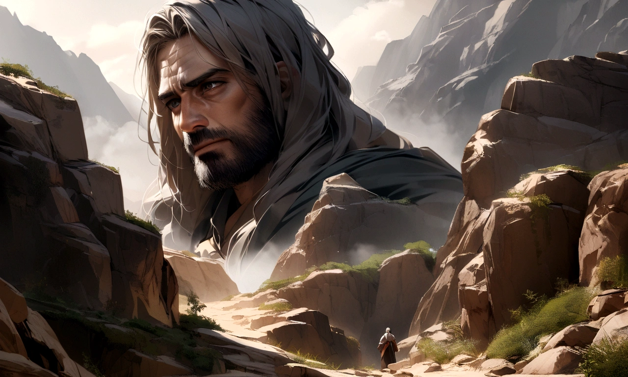A hyper-realistic scene of Abraham and Isaac climbing a rugged mountain path. The atmosphere is dramatic, emphasizing the test of faith and their determined expressions. The faces of the characters must be visible