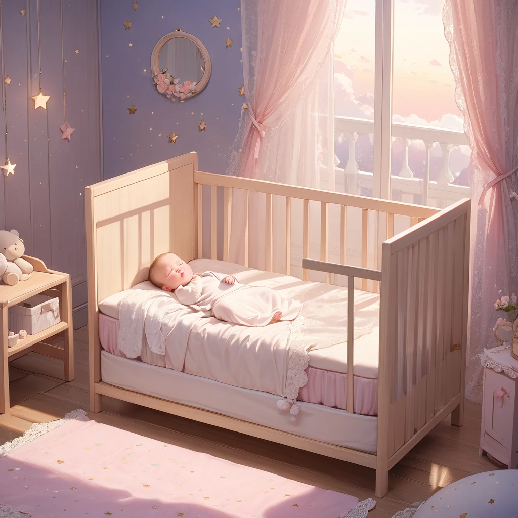 ((Masterpiece)), ((Best Quality)), (Very Detailed), ((Very Detailed)), 4K, (8K), very aesthetic, absurdres highres, 1 baby, A blonde baby sleeps in a white wooden crib in a room bathed in soft moonlight on a quiet night against a pastel-colored background. The baby has small angel wings on its back and is sleeping with a peaceful expression on its face. The crib is covered with lace curtains, and the curtains are embroidered with small flowers. Warm light surrounds you, and a soft pink rug covers the floor. The walls of the room are hand-painted with clouds and stars, giving the room a dreamlike atmosphere. Small star-shaped cushions are scattered around the baby.