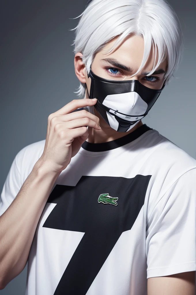 I want to create a male character with white hair, eyebrow scratch, black mask covering the mouth, a t-shirt with the white lacoste symbol, and with blue eyes.