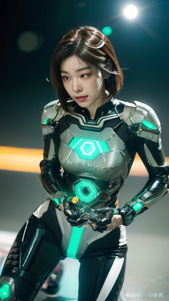(((A woman with a mechanized body))), dynamic podium: 1.3), (realistic:1.5), (realistic:1.4), 8k, Super detailed beautiful girl, 1 girl, (a sunny day:1.5), intricate body details, (short: 1.3), (highest quality: 1.0), (Super high sharpness: 1.0), (thin hair:1.4),(Beautiful and delicate depiction of eyes),((((ride a motorcycle)))),unreal engine:1.4,photorealistic:1.4, skin texture:1.4, masterpiece:1.8,highest quality at best,(Wearing the communication headset、future city、((cybernetics))、green、Metal fingers、long limbs、((gear in joint))