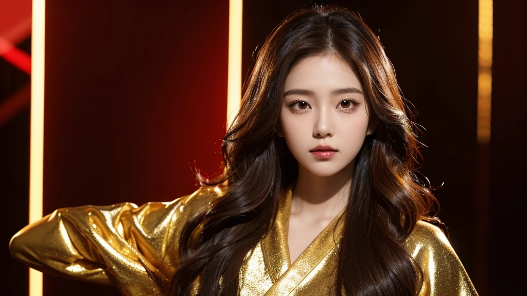 Kpop concept pictures. Red and gold lights background. Girl with brown wavy hair posing with black crown