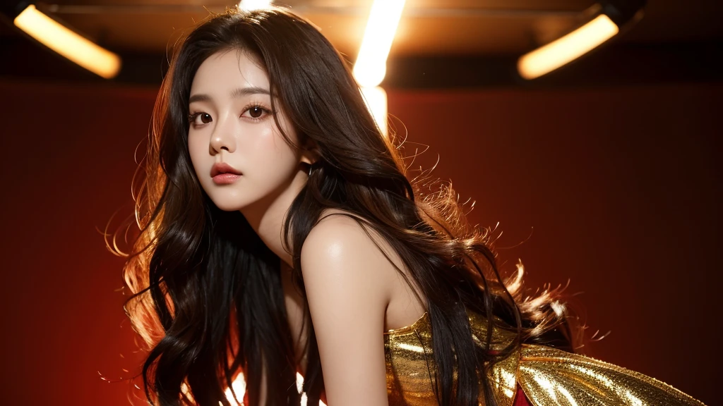 Kpop concept pictures. Red and gold lights background. Girl with brown wavy hair posing with black crown