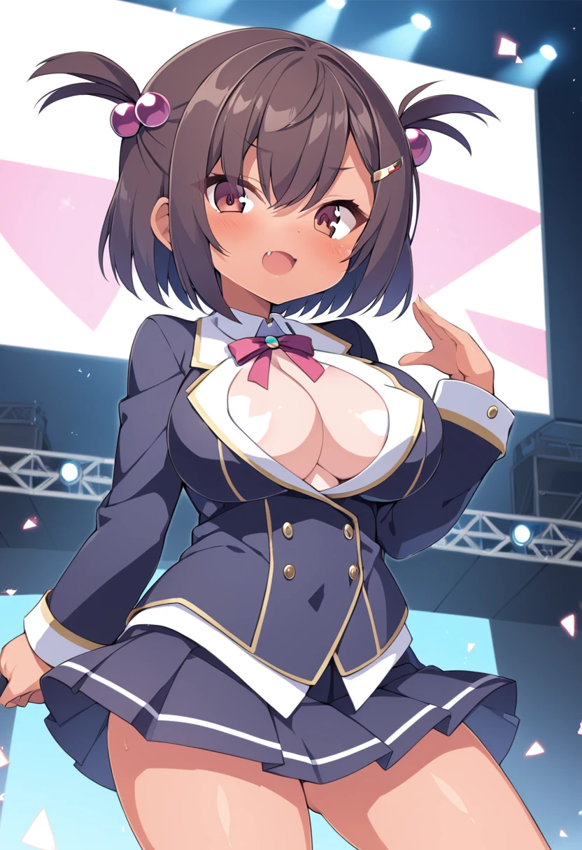 brown eyes, tan, tanlines, one-piece tan, hair ornament, brown hair, hair ornament, solo, fang, hair bobbles, short hair. two side up,, (large breasts:1.5), live stage, 11years old nipple blazer uniform, Blazer skirt,  alone,