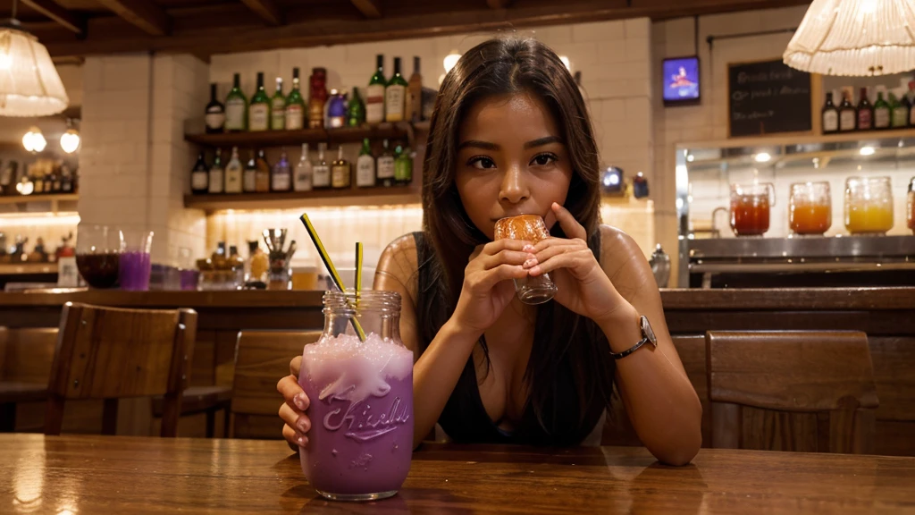 generates an image of a person consuming, in a restaurant, Make sure the chicha drink is pretty and looks youthful and elegant in a glass bottle with purple liquid and on the label it says delicious Ecuadorian chicha.
