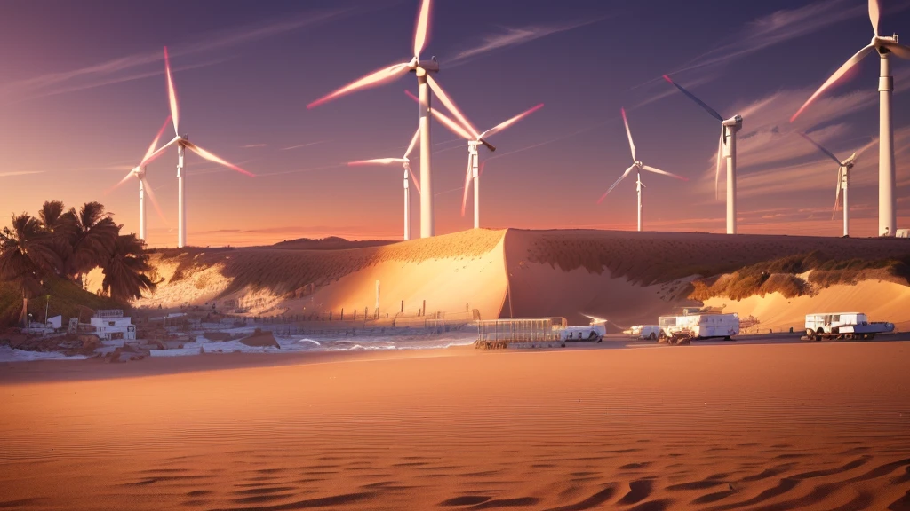 there are many wind turbines on the beach near the water, turbines, wind turbines, Windmills, renewable energy, sand banks, windy beach, sand sea, salt dunes, the photo shows a large, beautiful sunny day, por Thomas Crane, uploads, by Matthias Stom, Le Long, dunes in the background, por Sven Erixson, cores vivas vibrantes