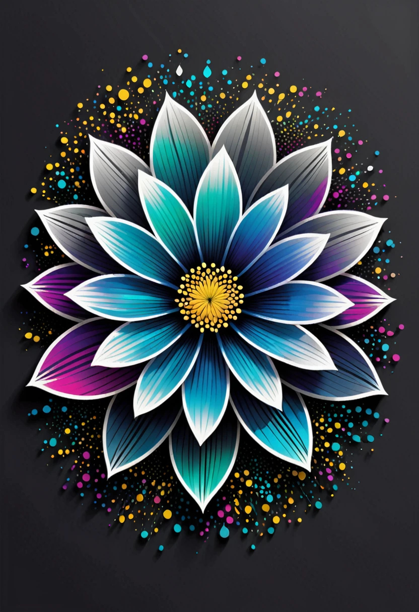 A sophisticated and innovative t-shirt design featuring a blooming flower with digitally altered details. The flower petals should seamlessly blend with pixelated elements and glitch effects, symbolizing the fusion of nature and technology. The background of the shirt is neutral (white, black, or dark gray) to highlight the vibrant colors of the flower. Surround the flower with a soft glow of gradient colors transitioning from natural greens and blues to vibrant neons. Add fine metallic geometric lines interwoven with the main design, giving a touch of elegance and sophistication. Include a small, minimalist "Éclat" signature at the lower right corner of the design, accompanied by a tiny digital icon. Ensure the design is detailed and visually captivating, suitable for a high-quality, modern, and slightly fitted t-shirt made from organic cotton with a touch of elastane.