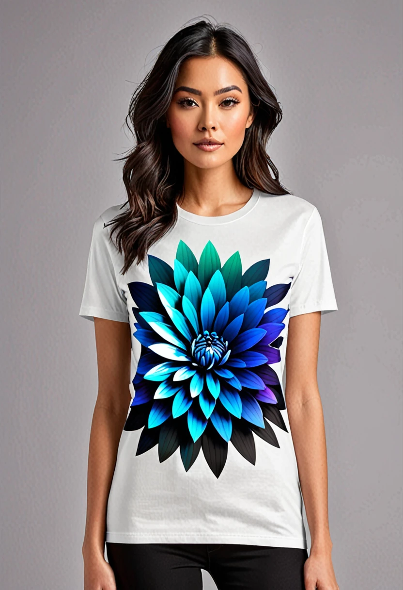 A sophisticated and innovative t-shirt design featuring a blooming flower with digitally altered details. The flower petals should seamlessly blend with pixelated elements and glitch effects, symbolizing the fusion of nature and technology. The background of the shirt is neutral (white, black, or dark gray) to highlight the vibrant colors of the flower. Surround the flower with a soft glow of gradient colors transitioning from natural greens and blues to vibrant neons. Add fine metallic geometric lines interwoven with the main design, giving a touch of elegance and sophistication. Include a small, minimalist "Éclat" signature at the lower right corner of the design, accompanied by a tiny digital icon. Ensure the design is detailed and visually captivating, suitable for a high-quality, modern, and slightly fitted t-shirt made from organic cotton with a touch of elastane.