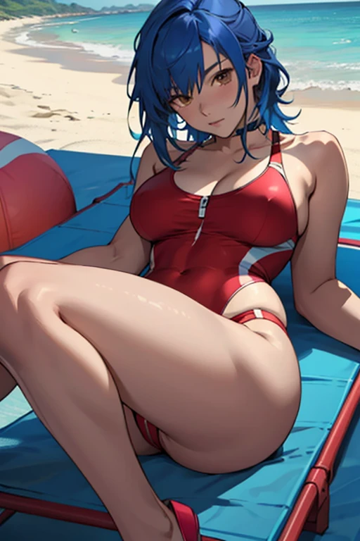 creates an anime girl lying on the beach with a red swimsuit, 25 years old with wide hips and big breasts with blue hair and brown eyes with a famous beach background