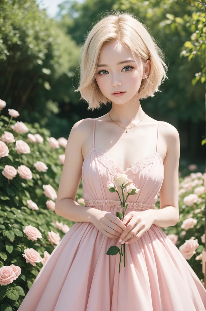 8K, CRU photo, Fujifilm, style photo of a beautiful young woman like Avril in a light pink rose garden (highly detailed skin: 1.2) Style-Petal BREAK short hair, blonde hair with colored highlights, wearing a dress, film grain, 35mm, cute style
