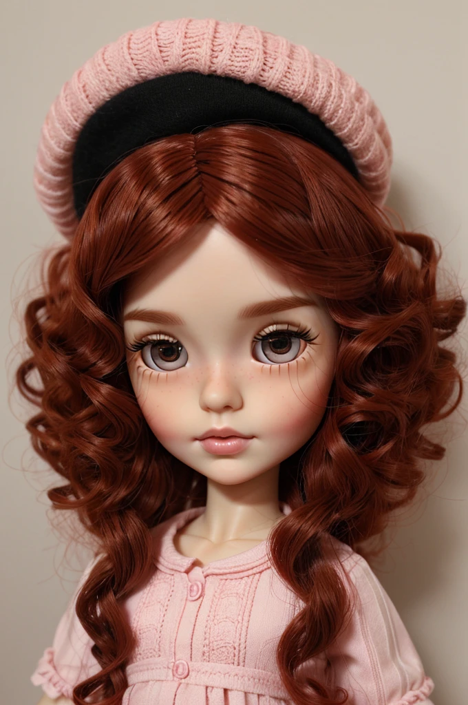 make a blythe doll with red curly hair, with a black cap on his head, pink blush on the face, long eyelashes and dark brown eyes