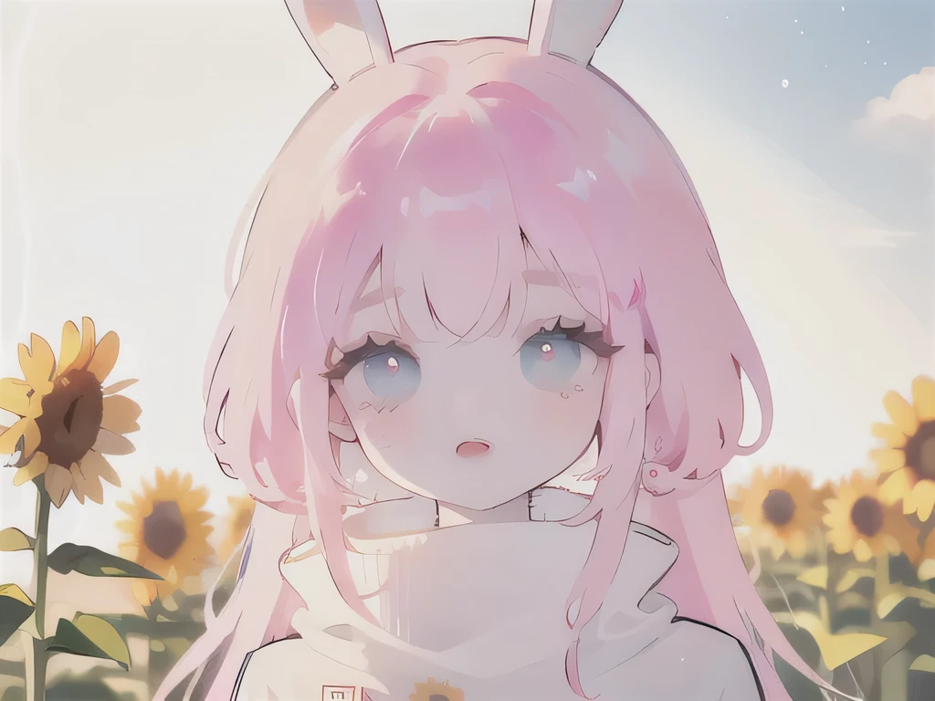 (High quality) (best quality) (A woman) (correct physiognomy) (perfect pupils) (perfect eyes) woman, deep pink hair, long and fluffy, two bunny ears coming out of her head, eyes of  color blue, sensitive lips, feminine appearance, soft facial features, thin eyebrows, soft skin, rosy cheeks, rosy lips, silky eyelashes, dreamy expression, middle age, youthful clothing, sweatshirt with print of sheep, photo illuminated by sunlight, woman in a field of sunflowers