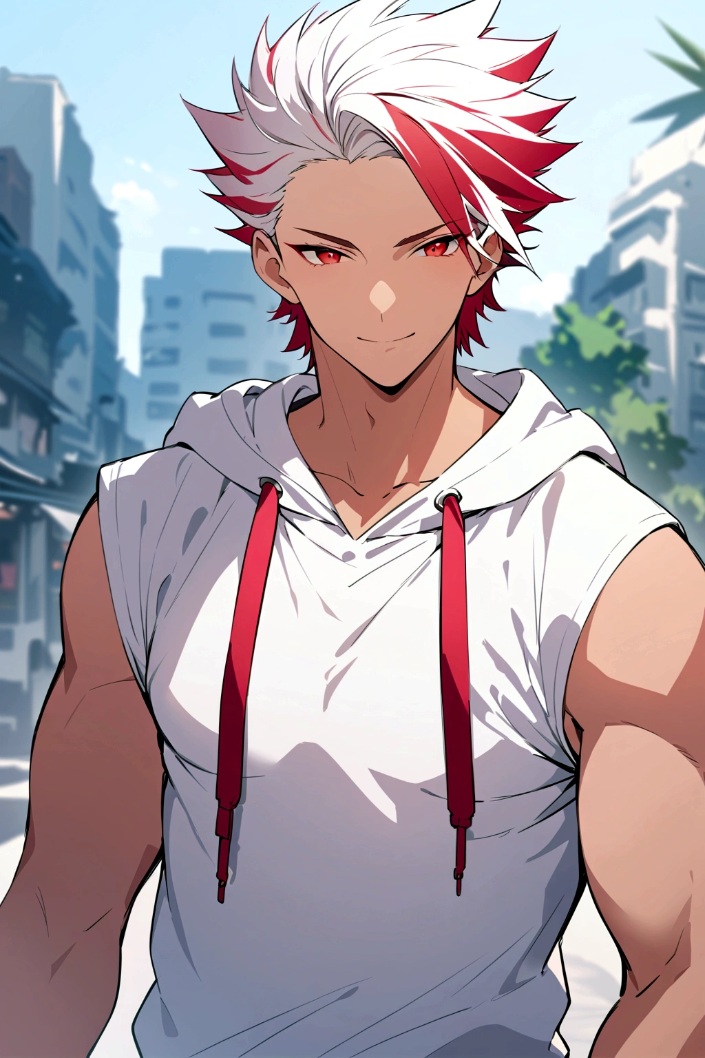 ((cheerful expression)), ((light skin)), ((hoodie)), ((mature male)), 1boy, beautifully drawn, high resolution illustration, best quality, High definition, ((detailed anime sketch)), Masterpiece, (solo), absurdres, portrait, ((upper body)), ((close-up)), ((red hair)), ((spiked hair)), detailed background, fine detail, male focus, HDR, ((short hair)), ((red eyes)),