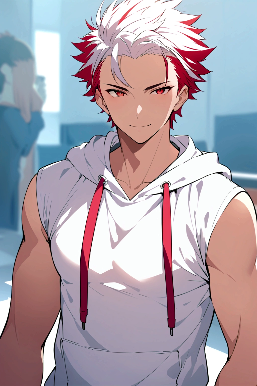 ((cheerful expression)), ((light skin)), ((hoodie)), ((mature male)), 1boy, beautifully drawn, high resolution illustration, best quality, High definition, ((detailed anime sketch)), Masterpiece, (solo), absurdres, portrait, ((upper body)), ((close-up)), ((red hair)), ((spiked hair)), detailed background, fine detail, male focus, HDR, ((short hair)), ((red eyes)),