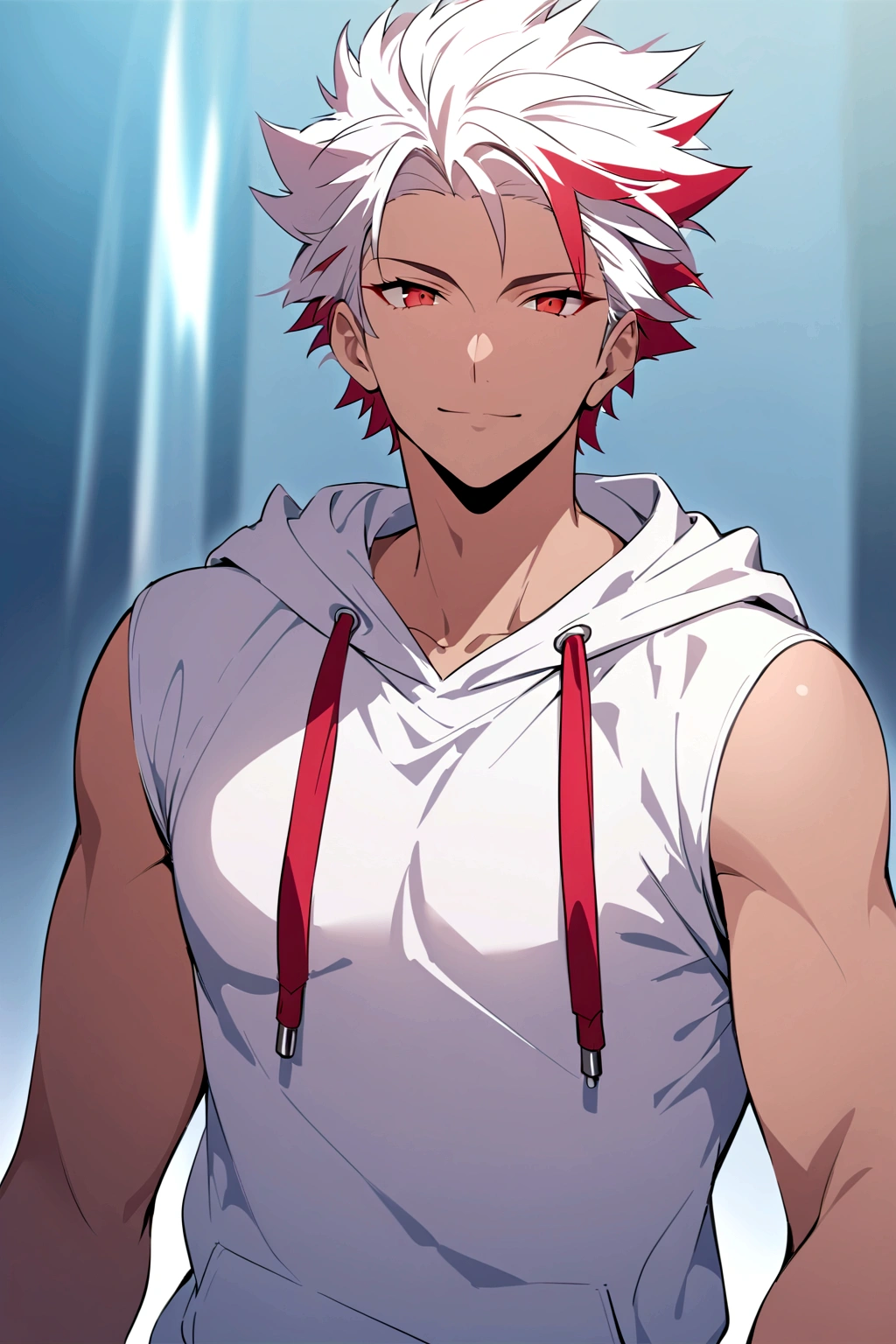 ((cheerful expression)), ((light skin)), ((hoodie)), ((mature male)), 1boy, beautifully drawn, high resolution illustration, best quality, High definition, ((detailed anime sketch)), Masterpiece, (solo), absurdres, portrait, ((upper body)), ((close-up)), ((red hair)), ((spiked hair)), detailed background, fine detail, male focus, HDR, ((short hair)), ((red eyes)),