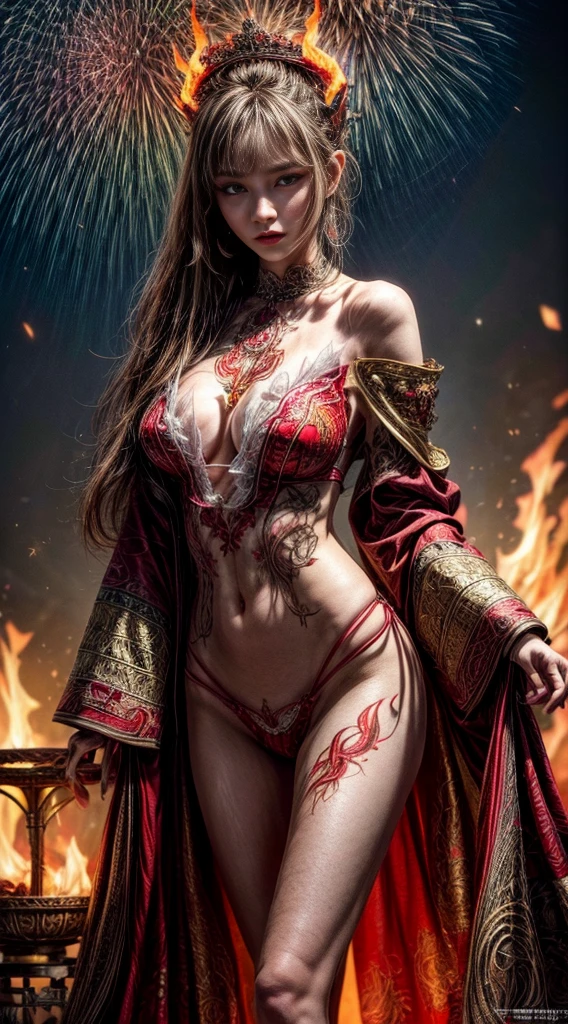 Highest quality、masterpiece、Ultra-high resolution、32k、expensive、Model Body Type、One Girl, Female Fire Spirit, Redhead, spring, ,The upper body is visible、((Delicate illustrations drawn in detail:1.8)),((Clothes with intricate decorations:1.5))、(((A large amount of sparks is flying)))、Sacred robe、Sexy clothes、Lots of gold ornaments、Red and orange attire、Correct number of limbs、(((Above the flames)))、(((Hellfire)))、((Red eyes))、(((Wearing flame on the body)))、Swirling flames in the background、Standing with your legs apart