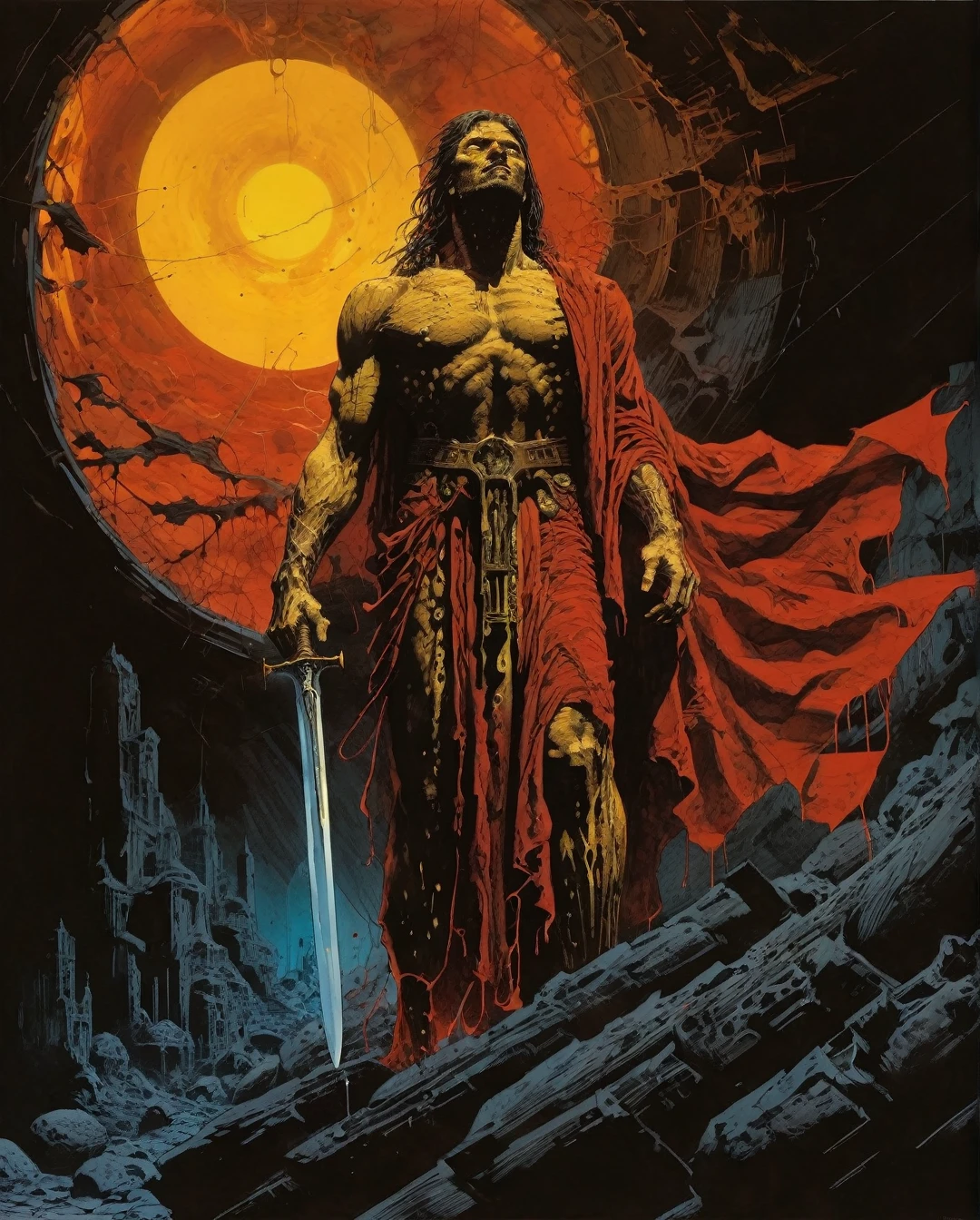 A majestic warrior draped in flowing robes, wielding a gleaming scimitar under a blazing Arabian sun. This captivating scene combines the fantasy elements of sword and sorcery with the rich cultural tapestry of Saudi Arabian Bedouin life. The intricate details in this painting by Frank Frazetta bring the character to life, with each fold of fabric and glint of metal meticulously rendered. The vibrant colors and dynamic composition make this image truly stand out as a masterpiece in the genre...., maximalist art, by Moebius and Hariton Pushwagner, (ambient occlusion, masterful, beautiful), poster art, bold lines, hyper detailed, expressive, award winning, (landscape:1.4), (intricate details, masterpiece, best quality:1.4), looking at viewer, dynamic pose, wide angle view, in the style of nicola samori , futuristic style, sleek, ultra modern, high tech, ornate by Moebius and by Marc Simonetti, clean lines, geometric shapes, Minimalist color scheme of red and cyan
mkitdecy, rust, cracks brutalism, style by Tom Jung and Drew Struzan and Tim and Greg Hildebrandt, ((style by artgerm and Greg Manchess and Ilya Kuvshinov))