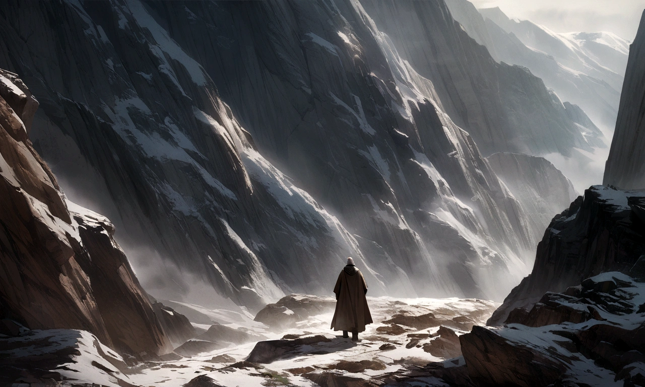 A hyper-realistic scene of Abraham and Isaac climbing a rugged mountain path. The atmosphere is dramatic, emphasizing the test of faith and their determined expressions