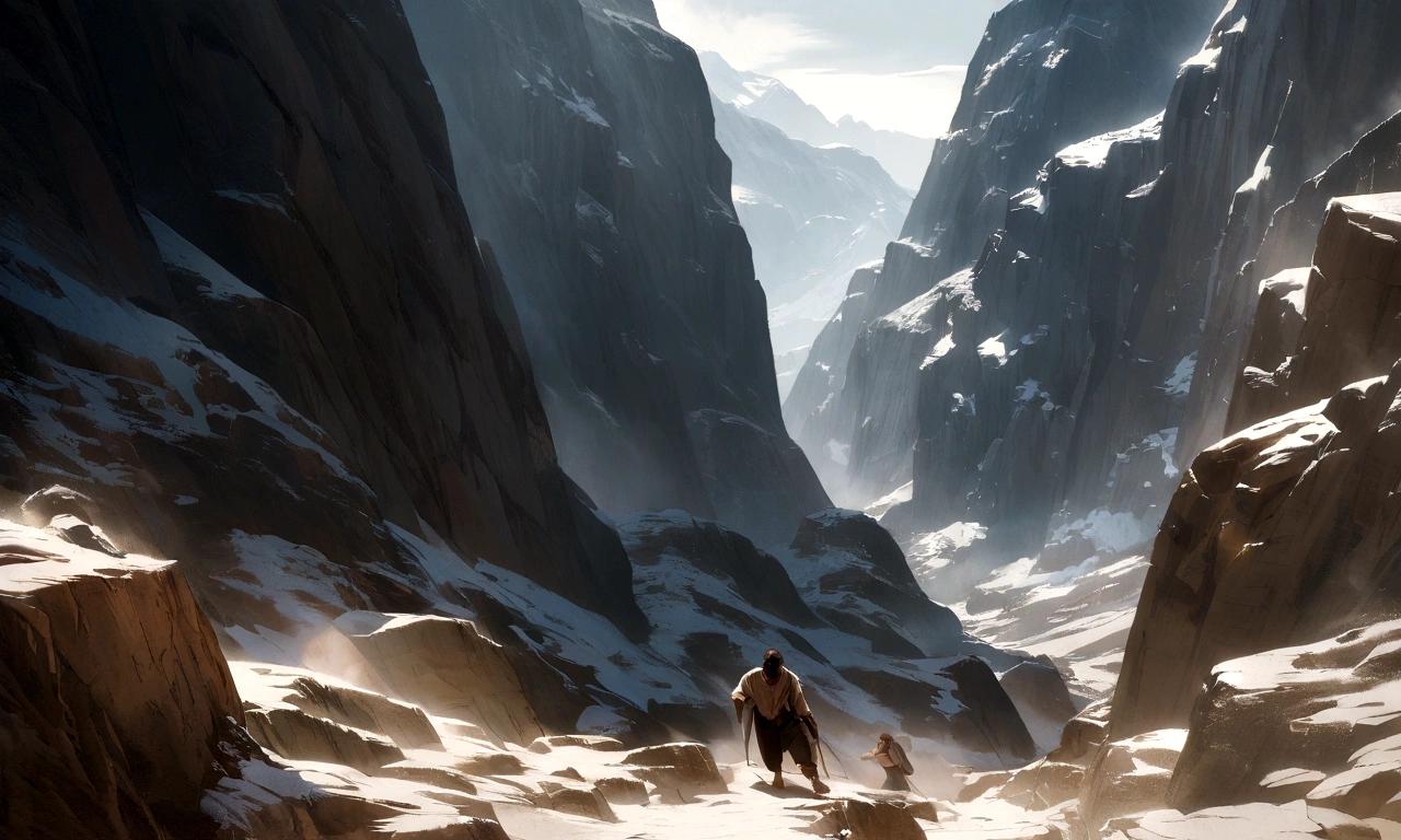 A hyper-realistic scene of Abraham and Isaac climbing a rugged mountain path. The atmosphere is dramatic, emphasizing the test of faith and their determined expressions