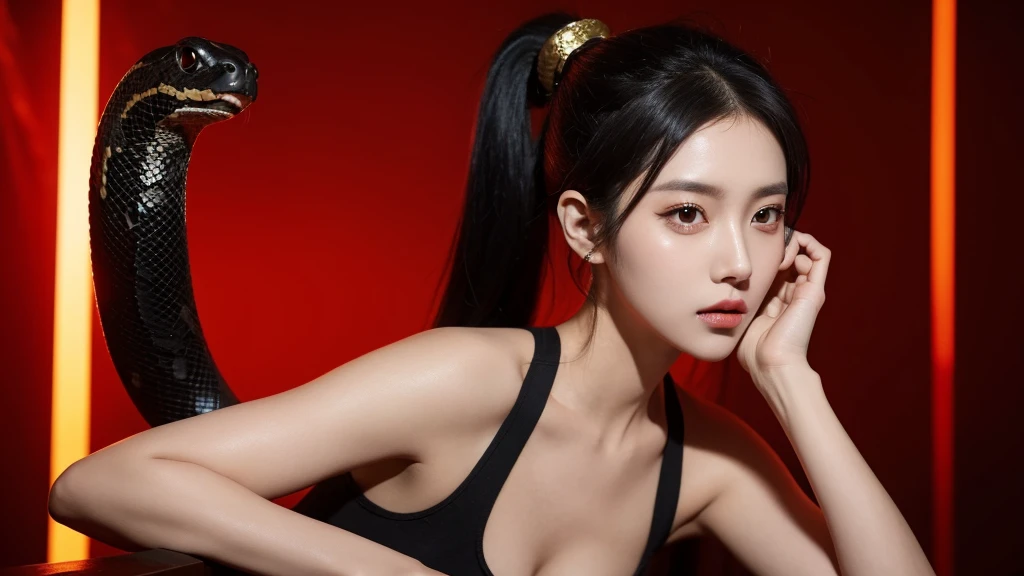 Kpop concept pictures. Red and gold lights background. Girl with black hair in a ponytail posing with a snake around her arm