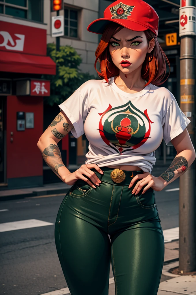 1 female, gangster, asian, pistol tucked in pants, cute slanty eyes, full sleeve geisha tattoo, hip hop clothes, oversized white t-shirt, hourglass figure, on the street corner, light brown hair, green pupils, angry, red hair, baseball cap, best quality