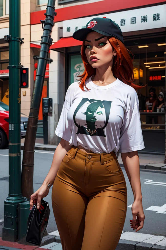 1 female, fierce gangster, asian, pistol tucked in pants, cute slanty eyes, full sleeve geisha tattoo, hip hop clothes, oversized white t-shirt, hourglass figure, on the street corner, light brown hair, green pupils, angry, red hair, baseball cap, best quality
