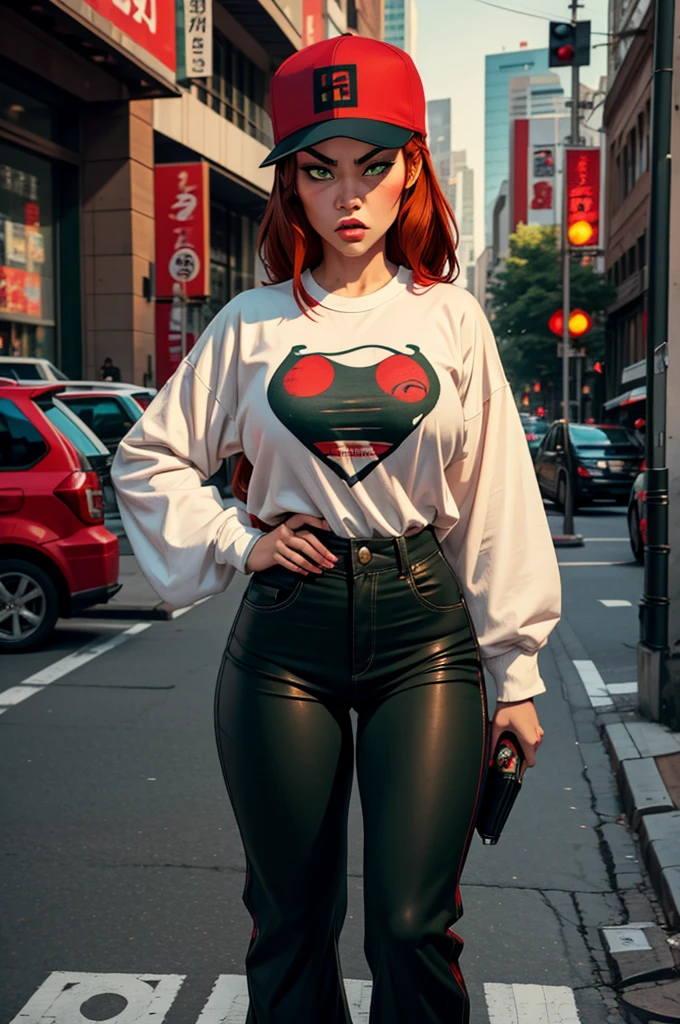 1 female, fierce gangster, asian, pistol tucked in pants, cute slanty eyes, full sleeve geisha tattoo, hip hop clothes, oversized white t-shirt, hourglass figure, on the street corner, light brown hair, green pupils, angry, red hair, baseball cap, best quality