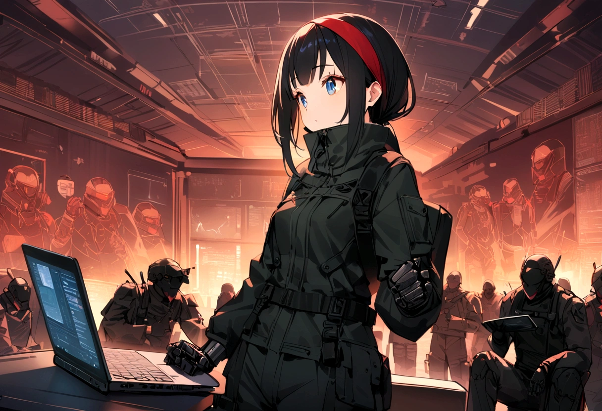 (Best quality), Oriental detailed background, Science fiction,Mechanical arms, Girl commands a robot army with her laptop, (laptop screen uses Linux) blue eyes, black hair, red hairband, War, techwear outfits, army suit