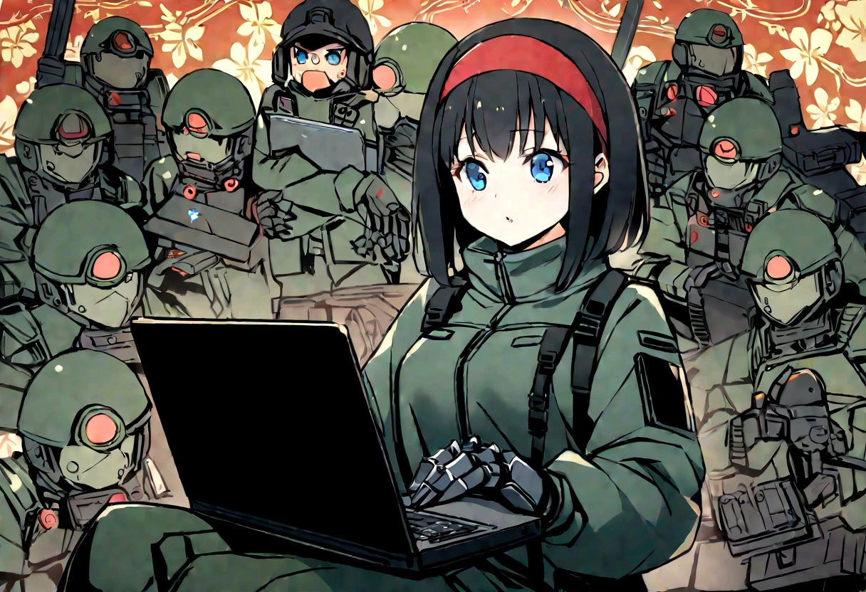 (Best quality), Oriental detailed background, Science fiction,Mechanical arms, Girl commands a robot army with her laptop, (laptop screen uses Linux) blue eyes, black hair, red hairband, War,  techwear outfits, army suit