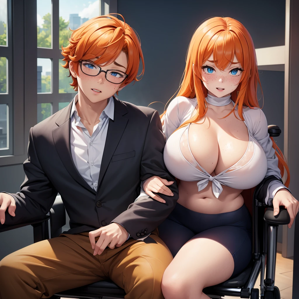 (masterpiece), (best quality), (high res) (solo), (perfect anatomy) (perfect face), (orange hair), (long hair), pale skin, (1boy1girl), massive chest, big breast, wide hips, thick thighs, narrow waist (skin tight office suit), round eyeglasses, freckles on face, freckles on shoulders, freckles on chest, blue glowing eyes, brushing, (long eyebrows), in a club, drunk, teasing, in a wheelchair