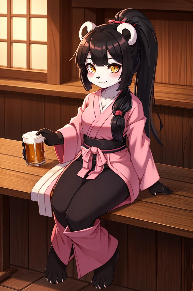 furry girl, young, panda, black hair, open bangs, long ponytail, anime style, small breasts, yellow eyes, ((pink kimono, hakama pants)), high quality, detailed body, detailed eyes, detailed face, masterpiece, glistening body, detailed body fur, best quality, panda body fur, two tone body fur, black body fur, white body fur, skinny, :3, black panda eyeshadows, panda ears, perfect lighting, perfect shadows, perfect eyes, perfect hair, perfect face, gorgeous body, tavern, beer on table, sitting on chair, full body, feets whit three toes,