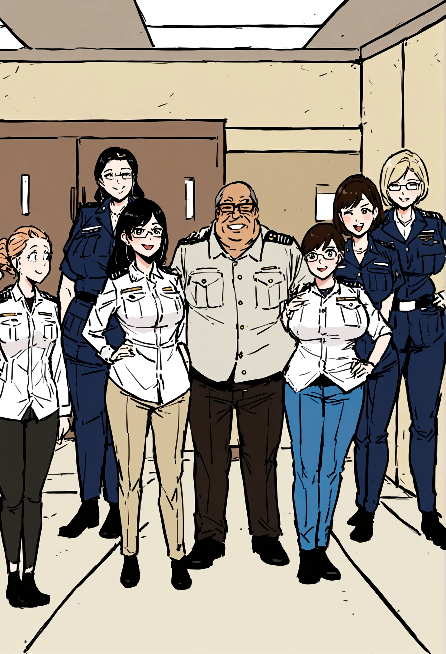 Half-fat white military man with glasses and five military women working at the air force ranch 