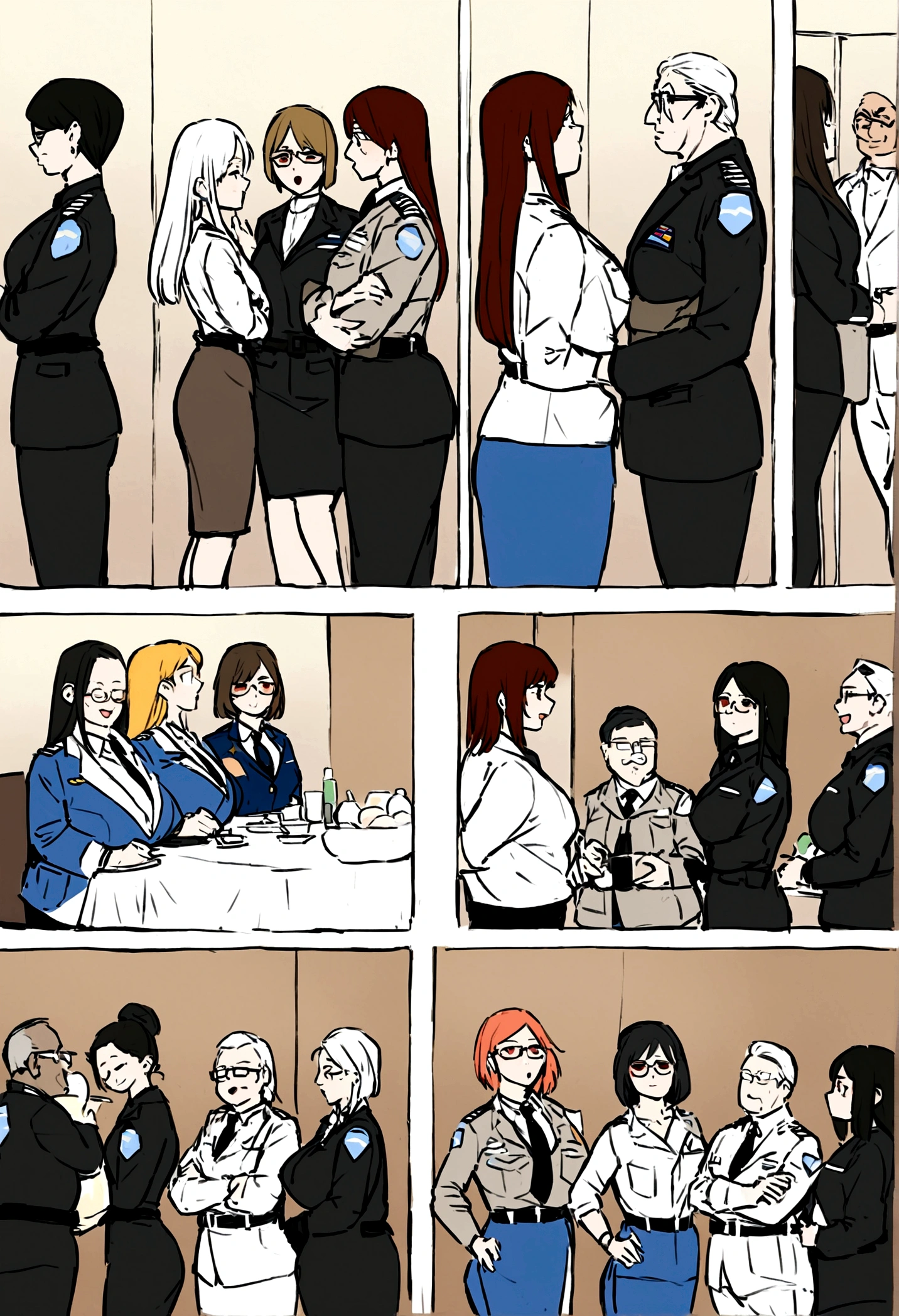 Half-fat white military man with glasses and five military women working at the air force ranch